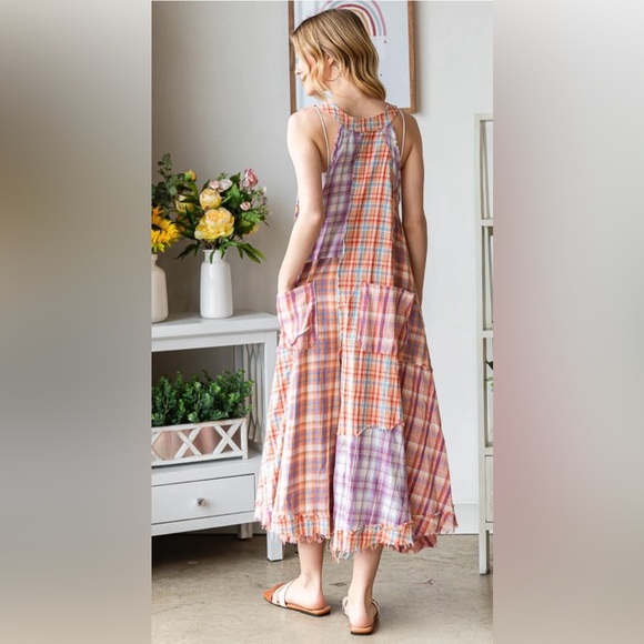 Oli & Hali Mixed Plaid Wide Leg Jumpsuit Large Raw Edge Cotton Boho - Picture 2 of 9